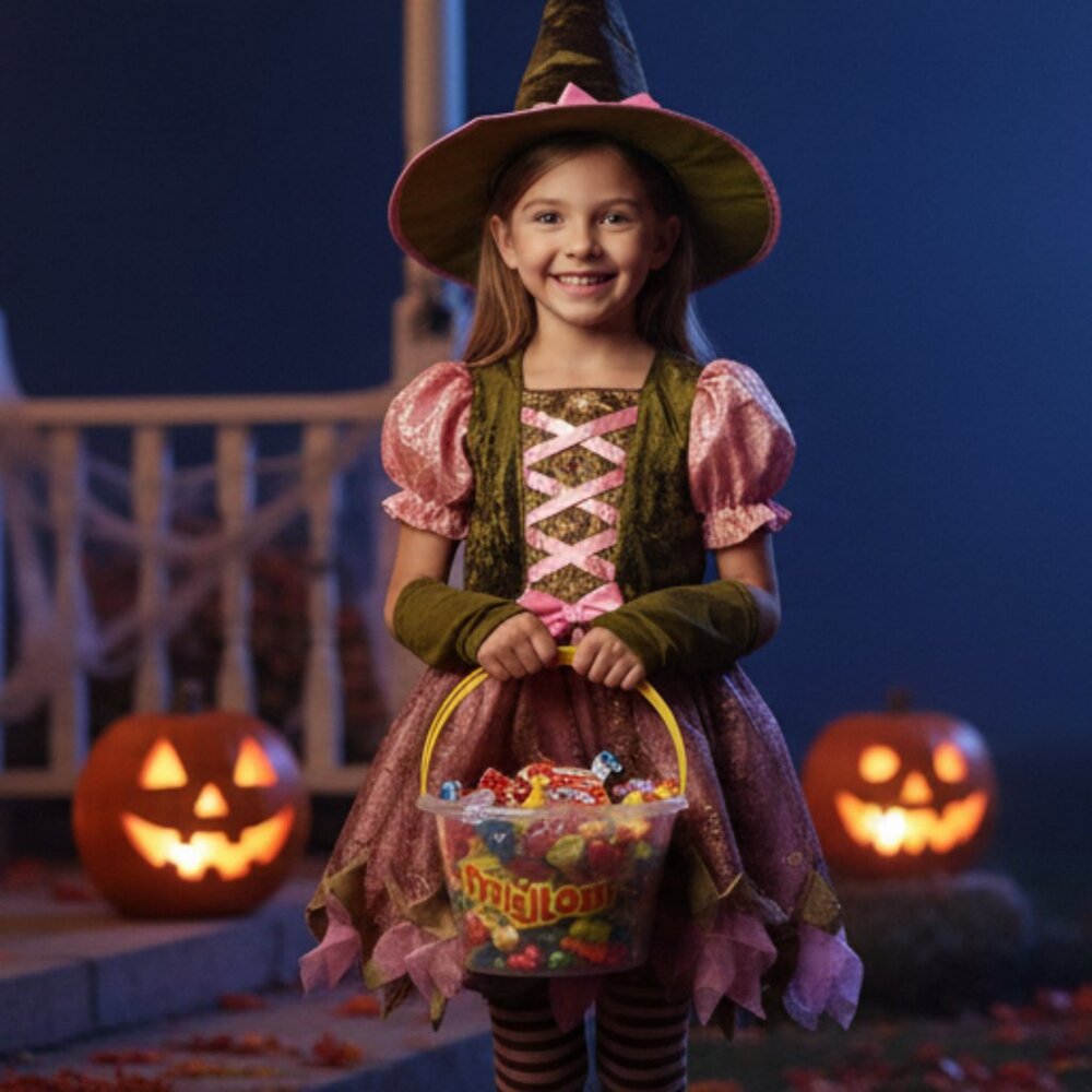 Girls Age 9-10 Costume Witch Dress With Hat And Tights